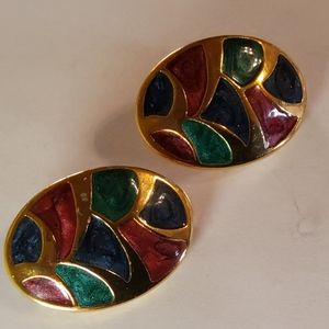 Vintage  AVON Multicolored Enamel Large Oval Gold Tone  Clip-On Earrings